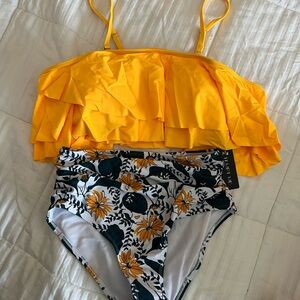 Yellow Ruffle Bikini Top with Floral High-Waisted Bottoms